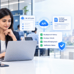 API employment verification in India showing an HR professional using an API to verify employment history, employer details, and employment dates securely.