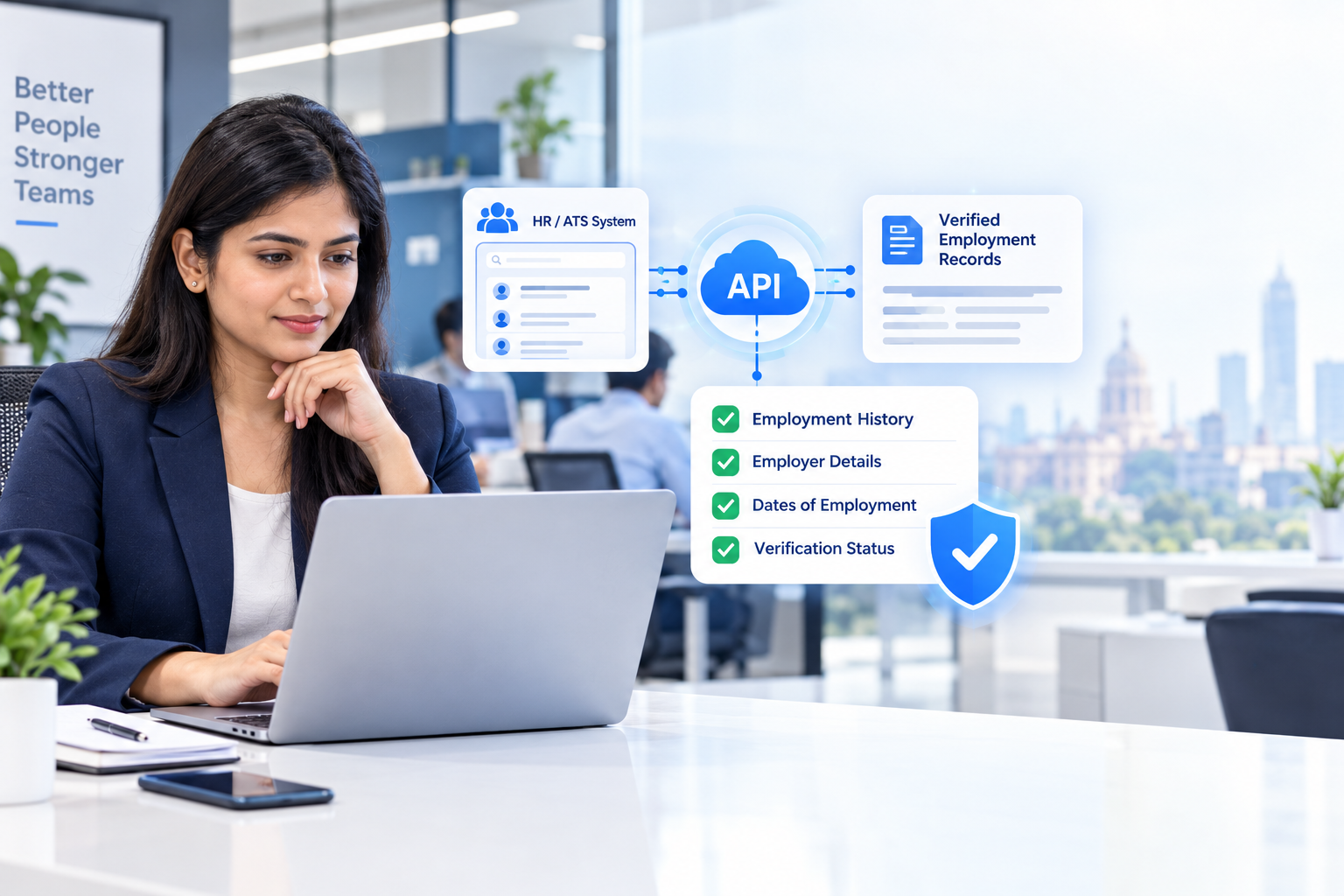 API employment verification in India showing an HR professional using an API to verify employment history, employer details, and employment dates securely.
