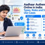 Young Indian man using a laptop for Aadhaar authentication, featuring biometric verification, OTP, UIDAI compliance, and five business use cases.